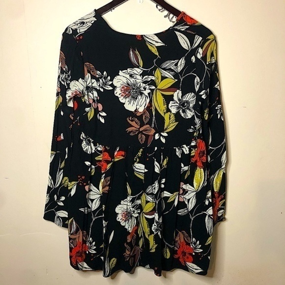Free People Long Sleeve V-Neck Floral Print Black Flowy Mini Dress Size Small - Picture 5 of 9